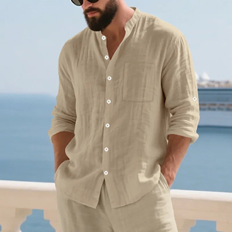 Men Linen Button Down Long Sleeve Mandarin Collar Casual Shirt
