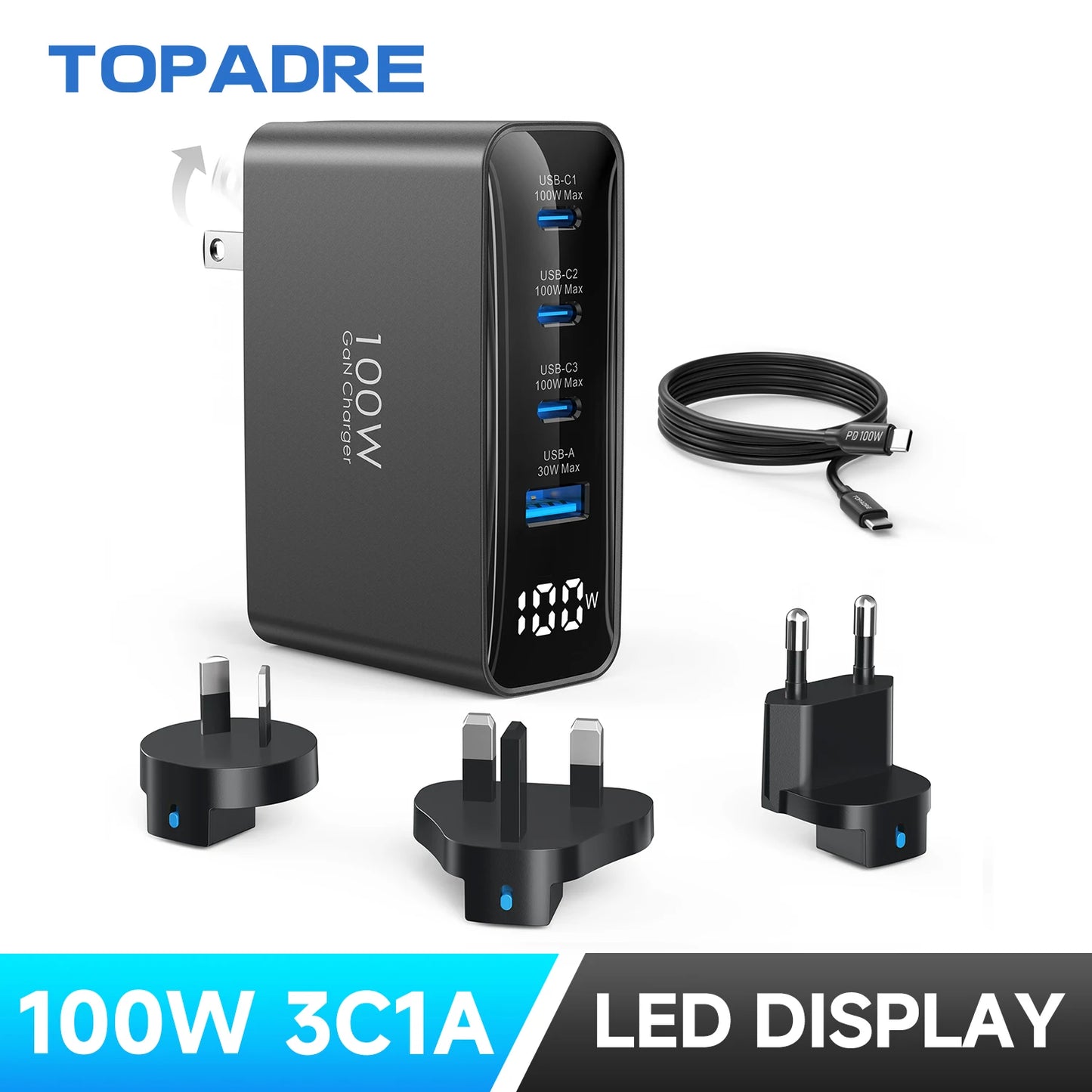 Topadre 100W USB C Travel Charger With Foldable GaN Adapter
