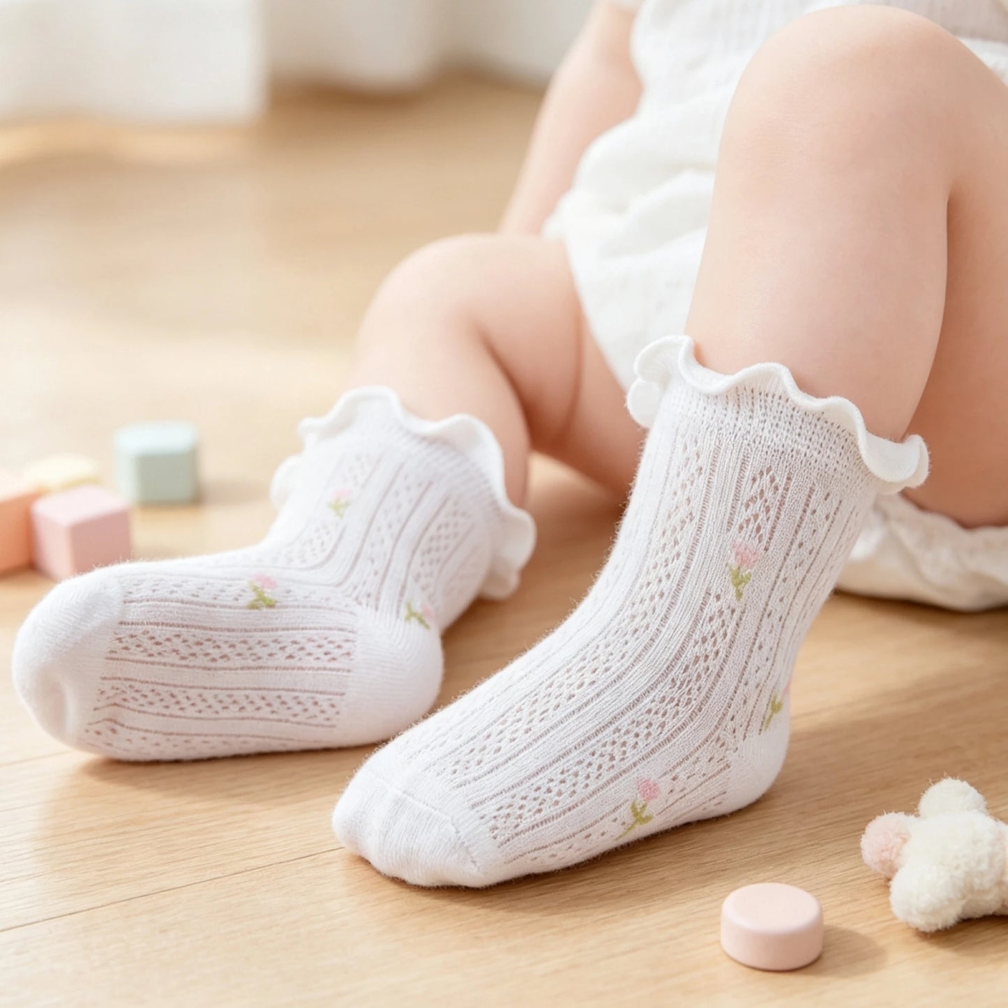 Soft Breathable Floral Mesh Crew Socks For Baby Girls