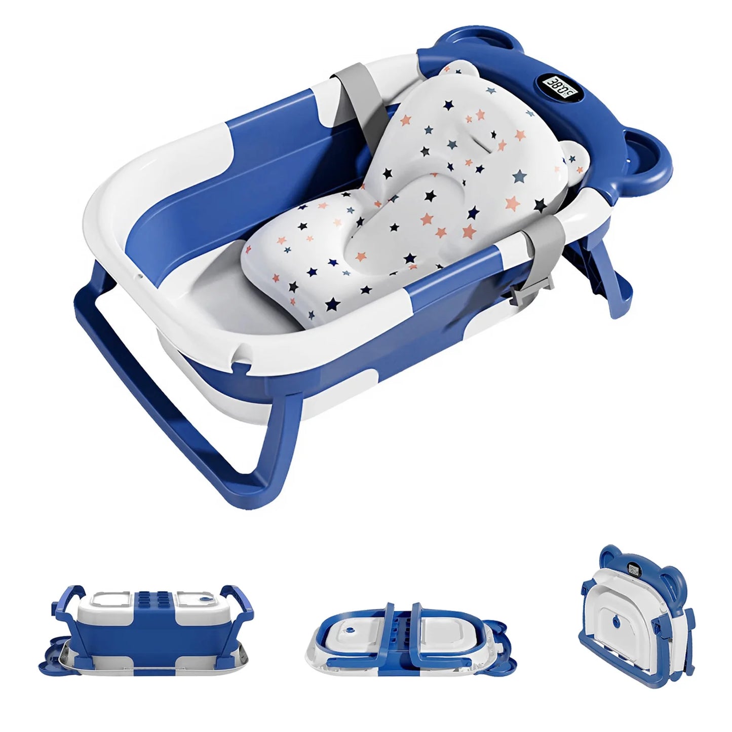 Portable Collapsible Baby Bathtub Featuring Thermometer And Cushion