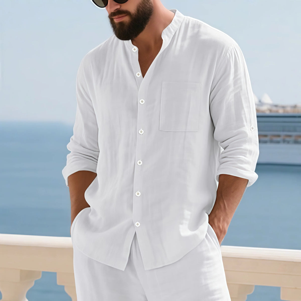 Men Linen Button Down Long Sleeve Mandarin Collar Casual Shirt