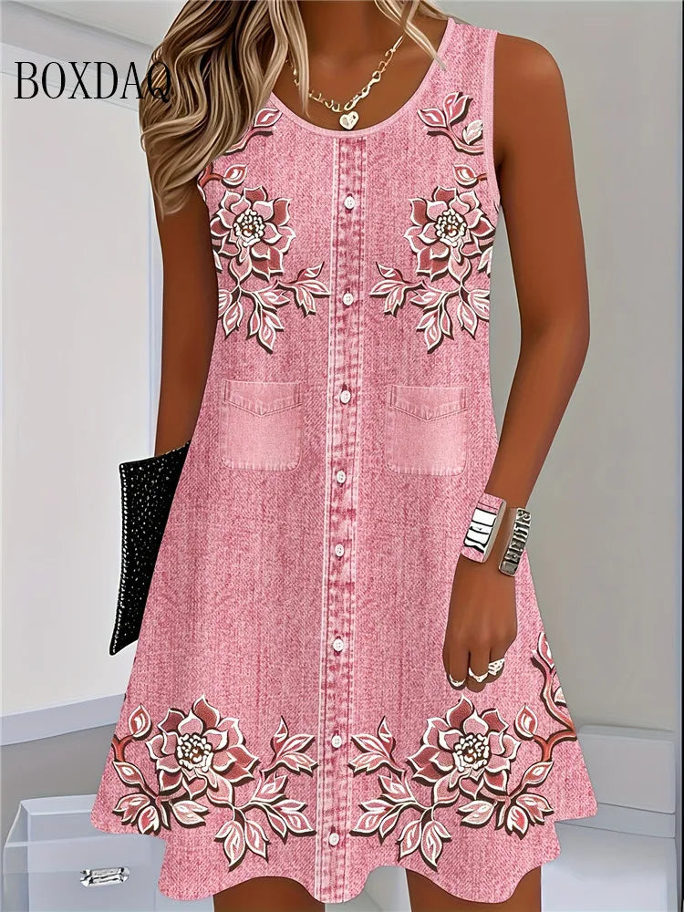 Boxdaq Women Bohemian Sleeveless Floral Knit Summer Beach Dress