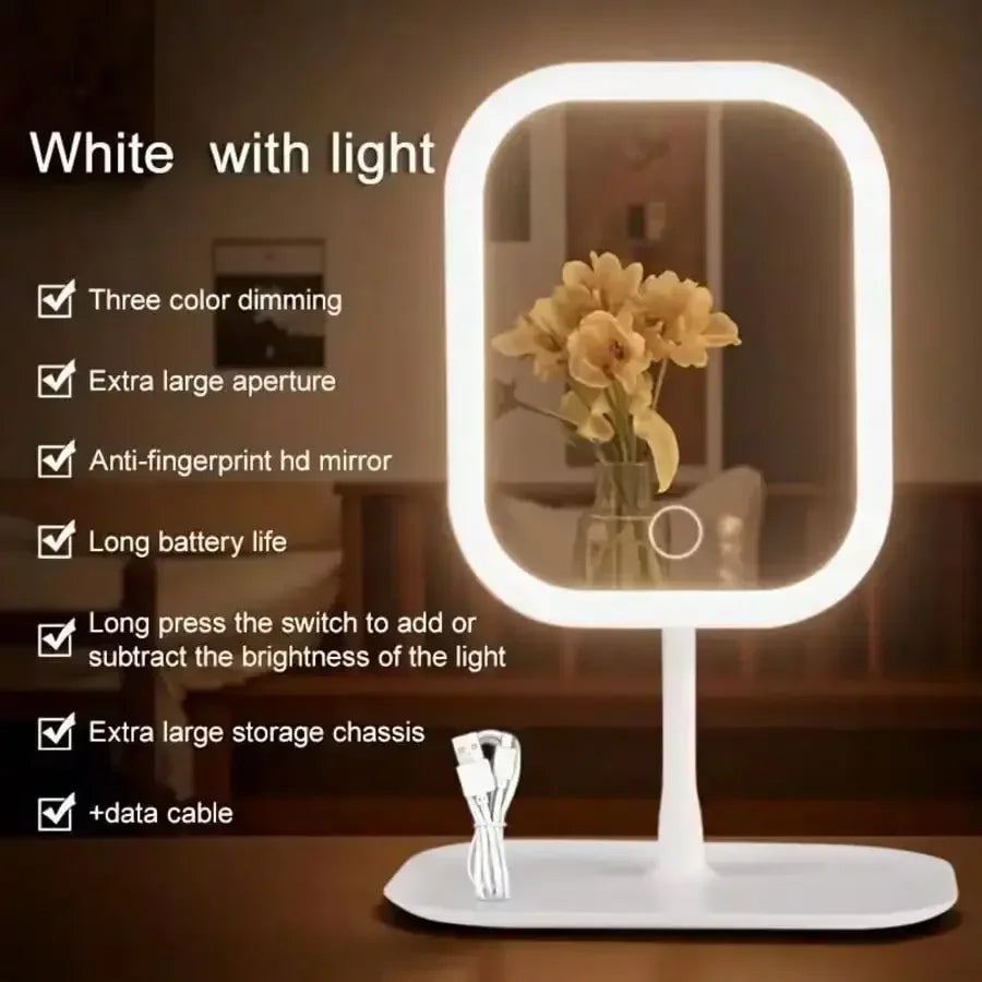 LED Touch Control Portable Foldable Makeup Mirror With Storage Base