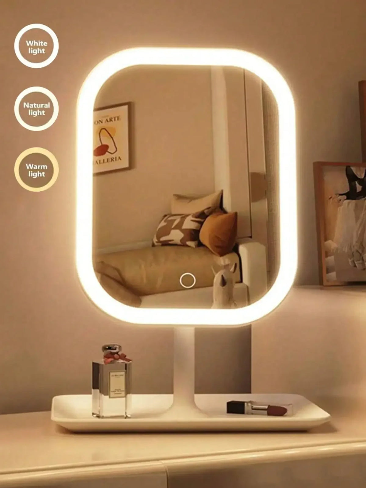 LED Touch Control Portable Foldable Makeup Mirror With Storage Base
