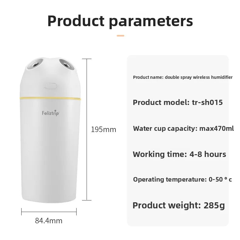 Portable Dual Nozzle Humidifier With Silent Mist And Night Light