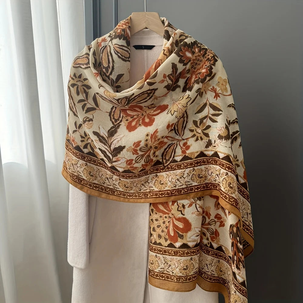 Retro Floral Long Scarf Breathable Soft Shawl Unisex Outerwear