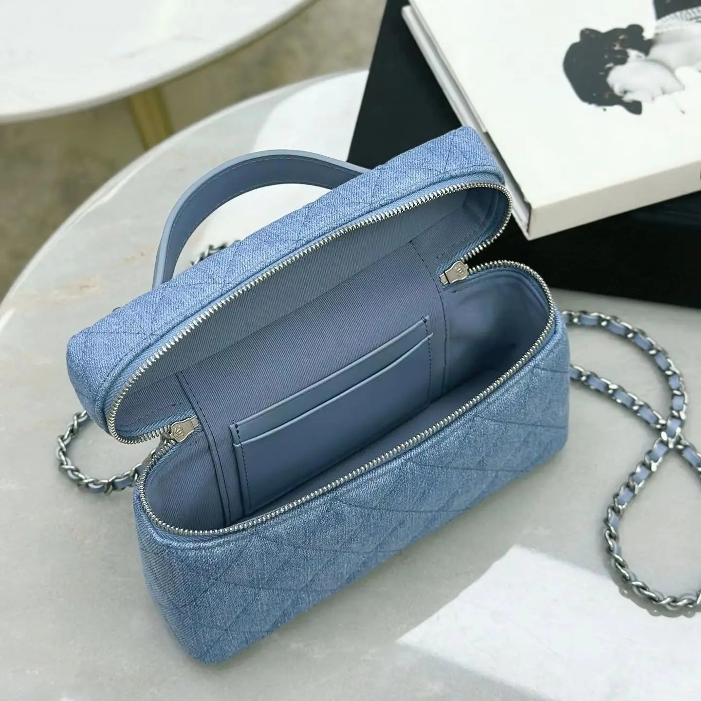 Quilted Genuine Leather Vanity Crossbody Handbag With Zipper Closure