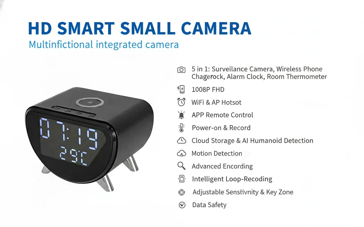 4K WiFi Clock Camera With Motion Detection And Wireless Charging