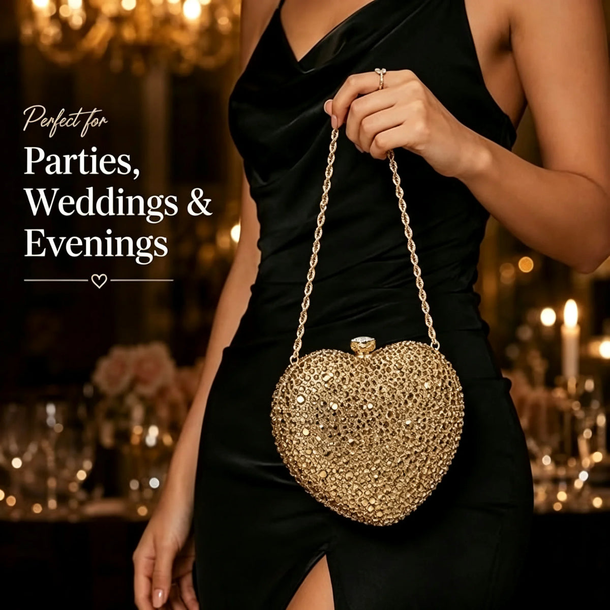 Rhinestone Heart Clutch Bag With Detachable Chain For Formal Occasions