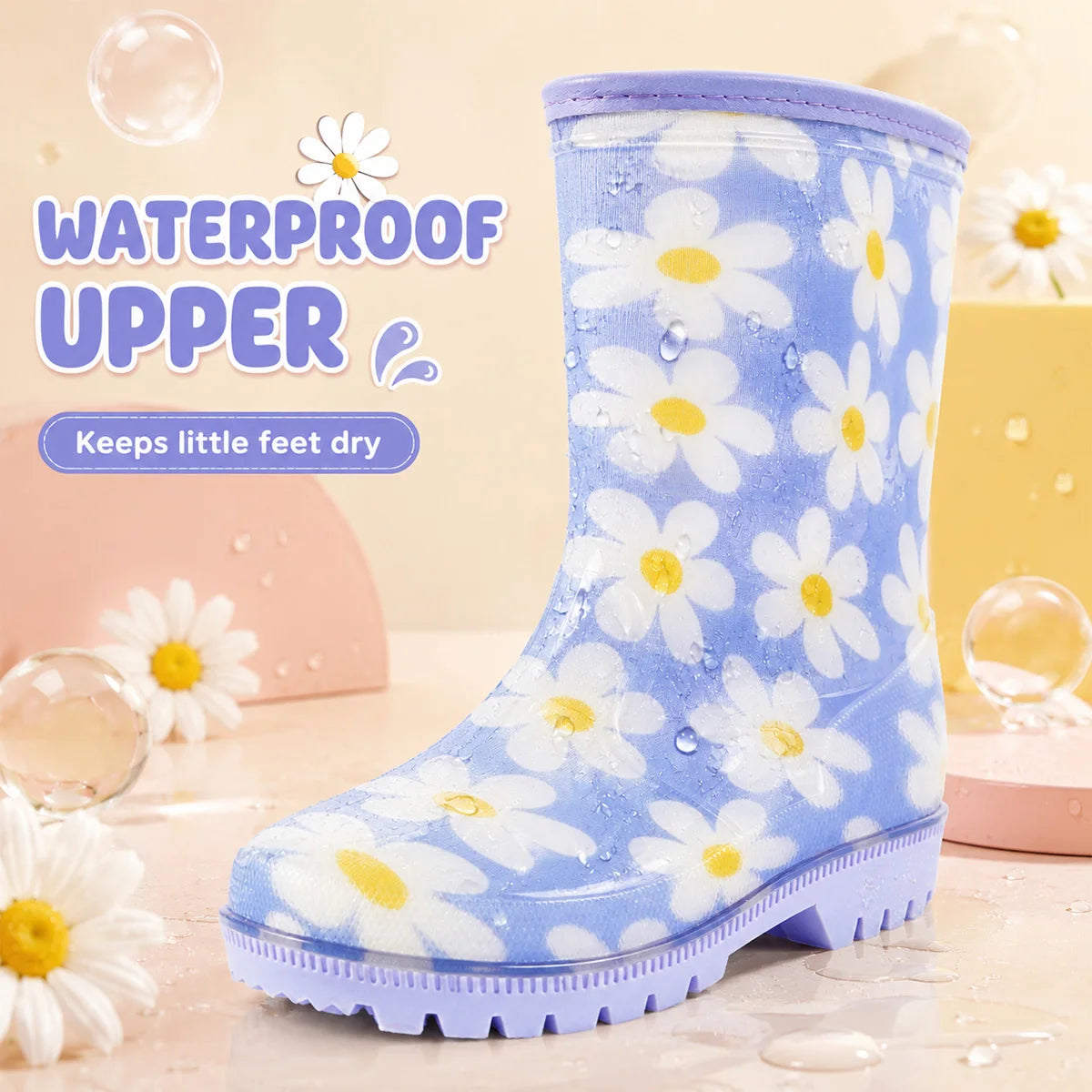 Kids Daisy Print Rain Boots With Anti Slip Cushioned Soles