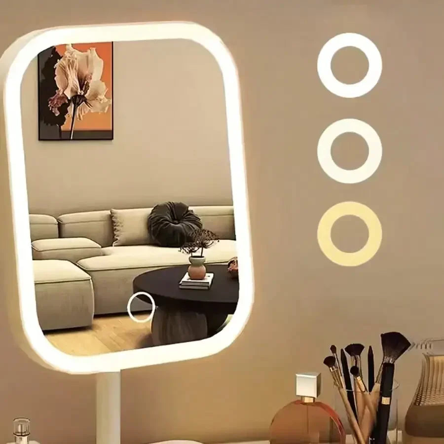 LED Touch Control Portable Foldable Makeup Mirror With Storage Base