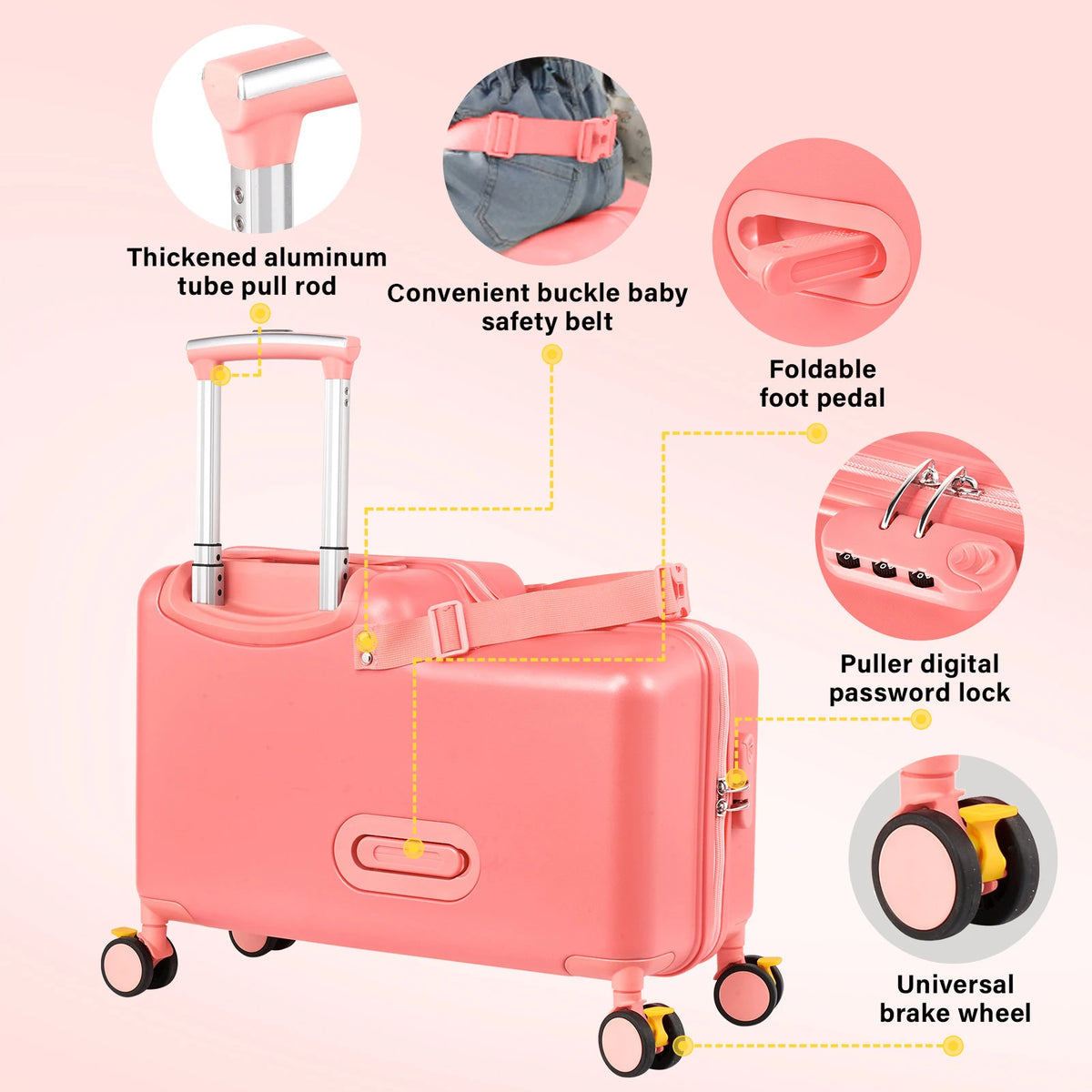 Kids Ride On Luggage With Foot Pedal And Safety Harness