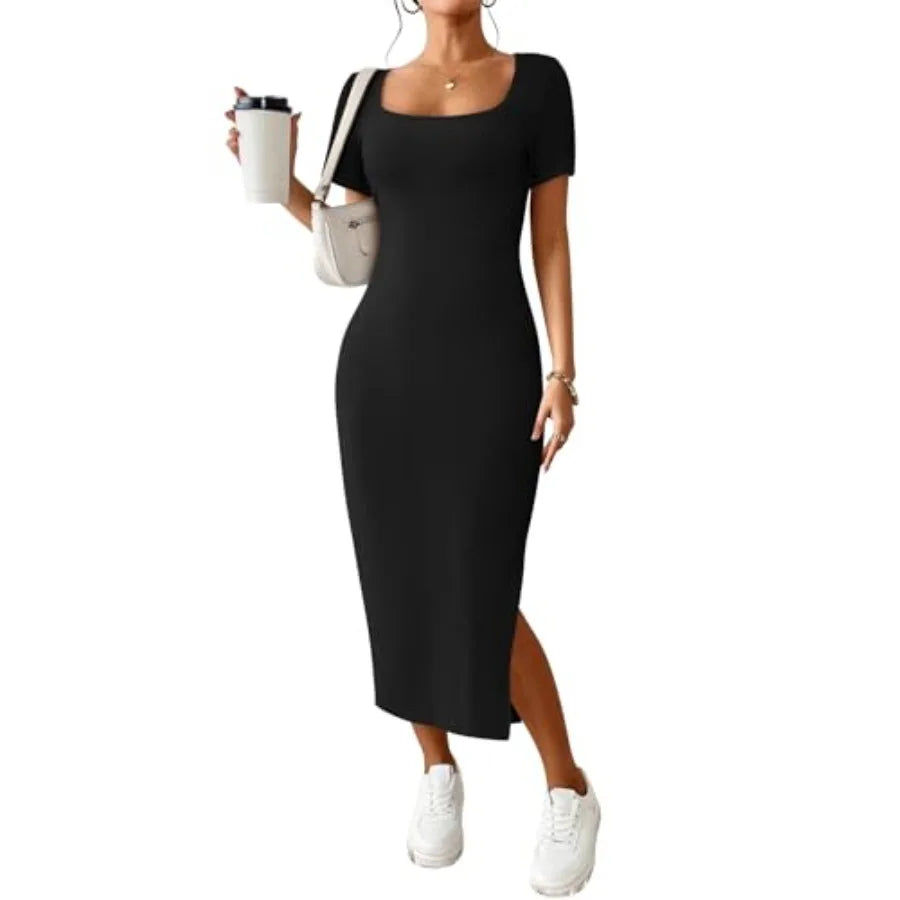 Casual Ribbed Knit Square Neck Maxi Dress With Side Slit