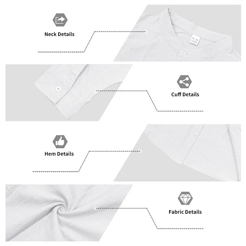 Men Linen Button Down Long Sleeve Mandarin Collar Casual Shirt