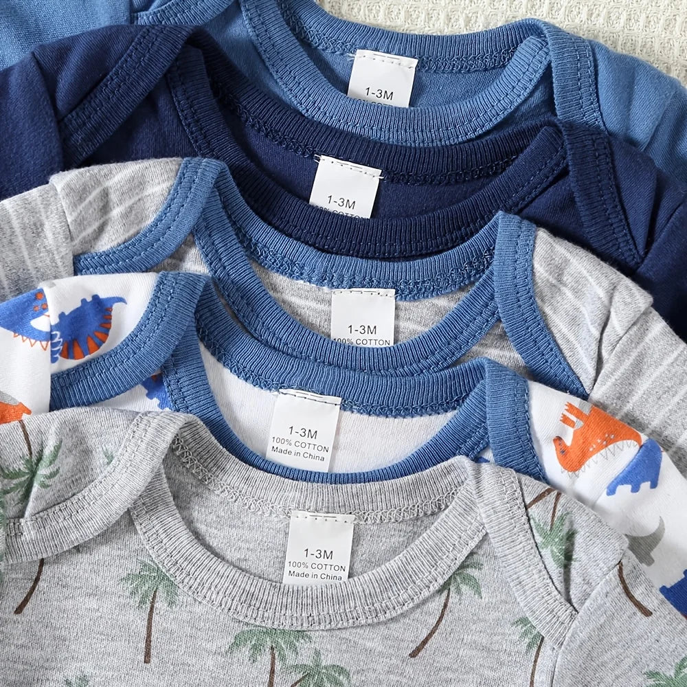 5pcs Baby Boy Dinosaur Romper Short Sleeve Onesies Soft Cotton