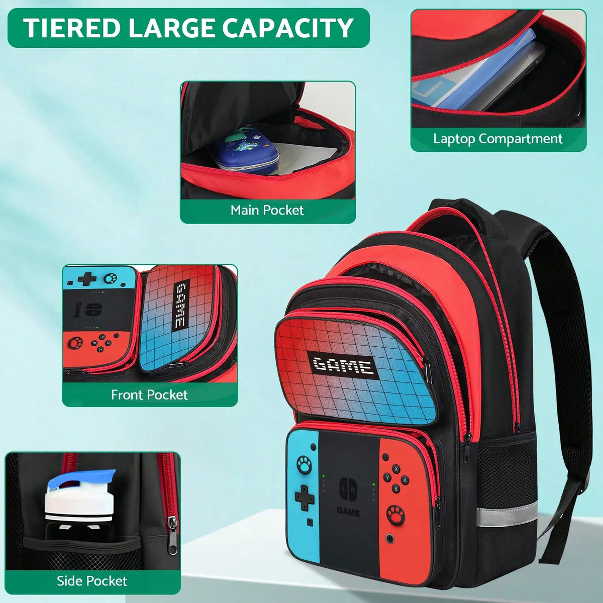 Kids Student Gamer Backpack Lightweight School Bookbag