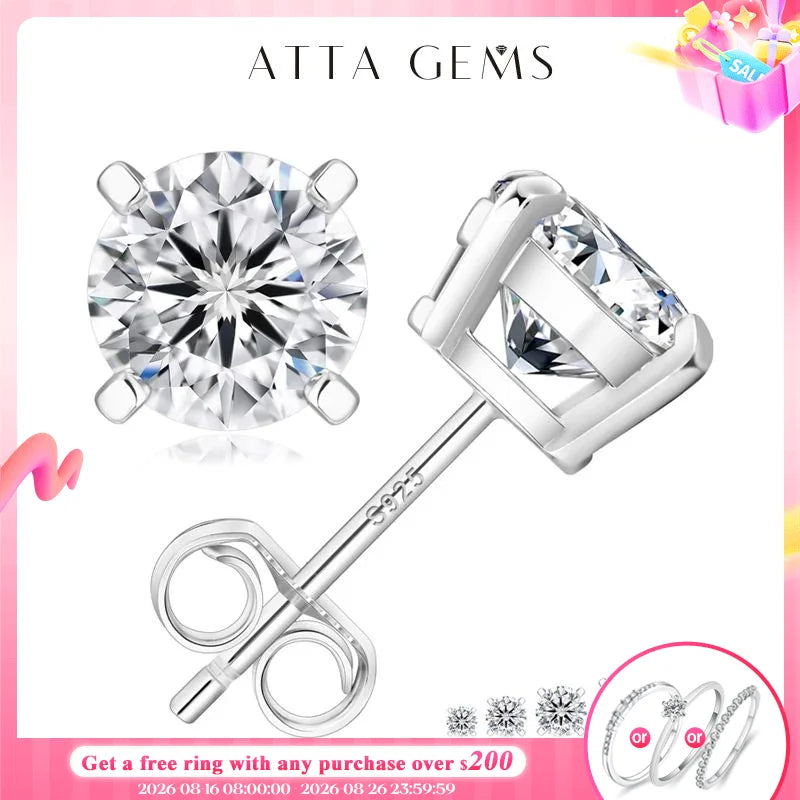 Attagems D VVS1 Moissanite Four Claw Sterling Silver Stud Earrings