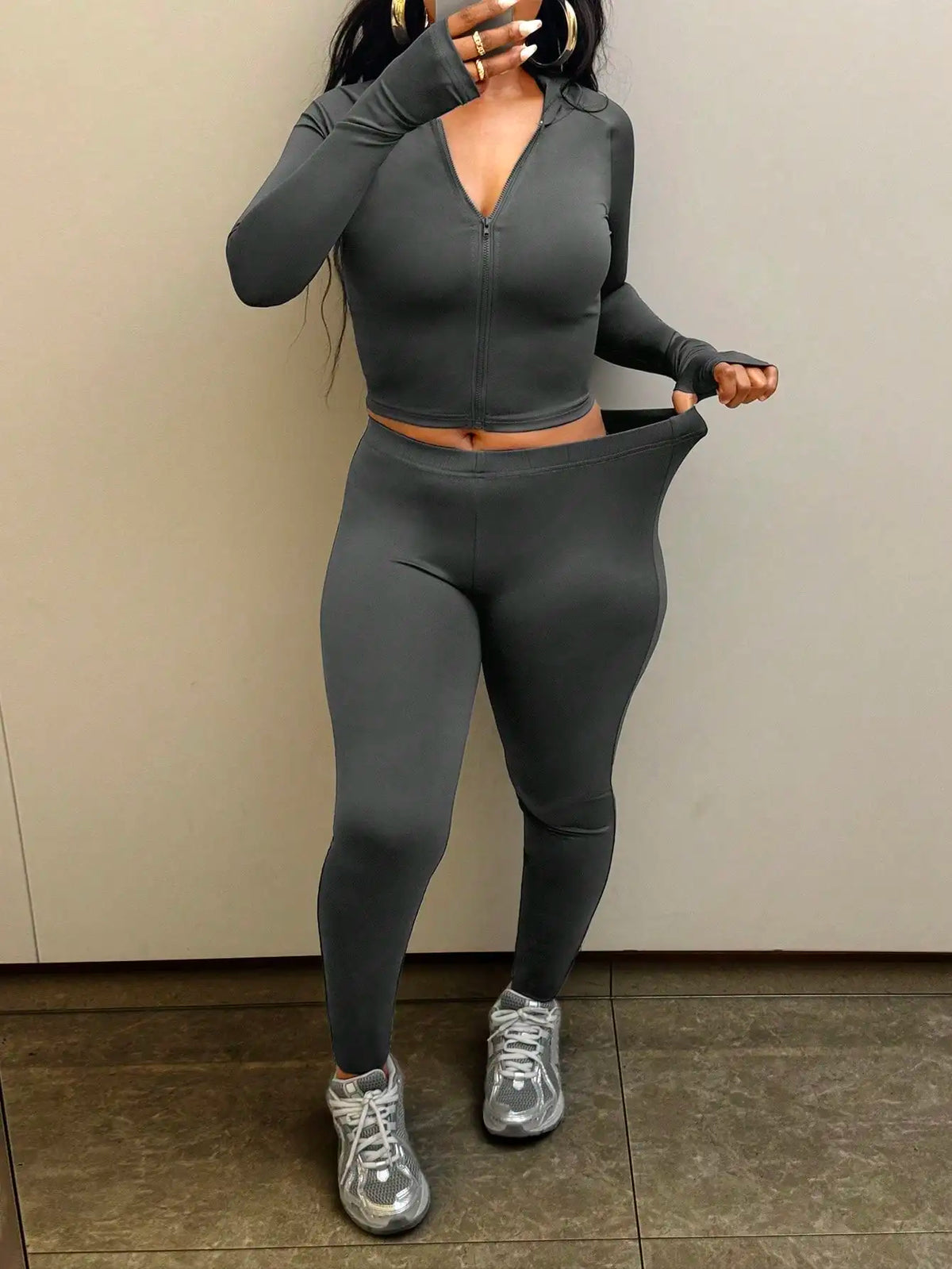 Women's Dark Grey Long Sleeve Yoga Workout Set