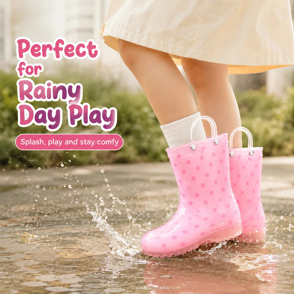 Girls Waterproof Rain Boots With Pull Handles For Outdoor Adventure