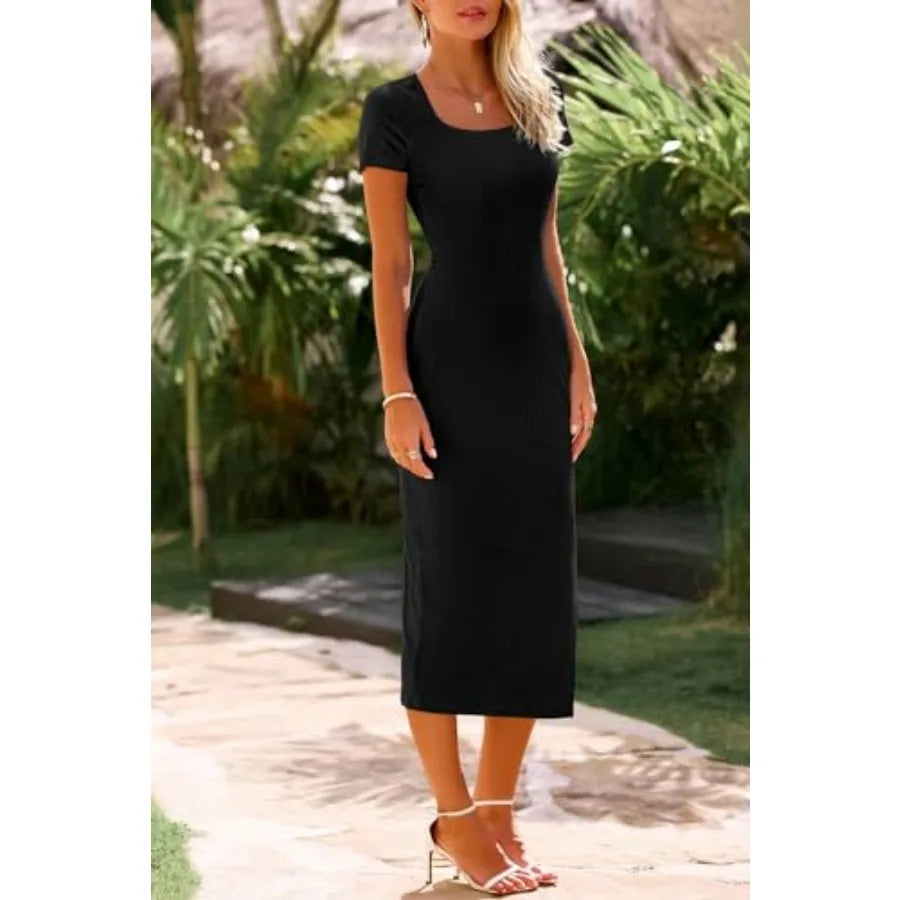 Casual Ribbed Knit Square Neck Maxi Dress With Side Slit