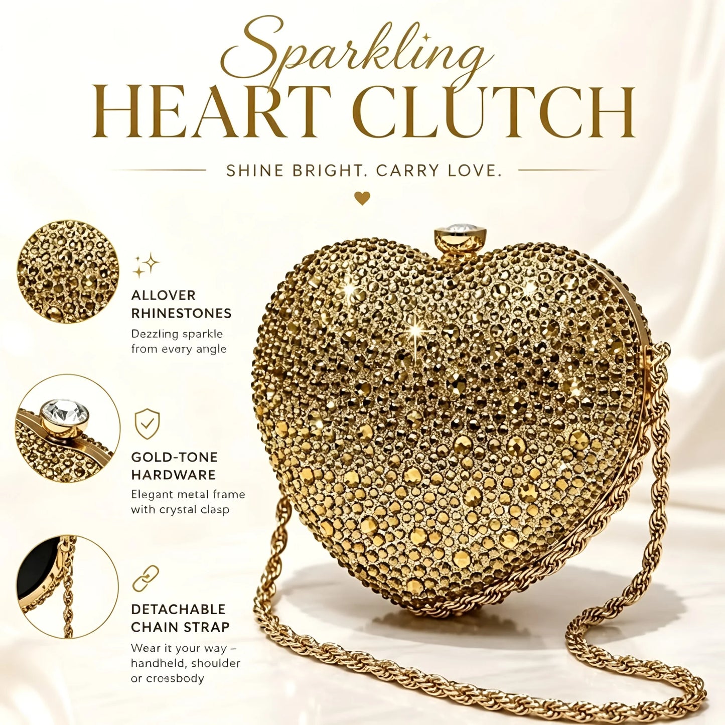 Rhinestone Heart Clutch Bag With Detachable Chain For Formal Occasions
