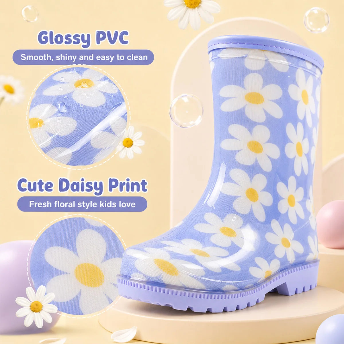 Kids Daisy Print Rain Boots With Anti Slip Cushioned Soles