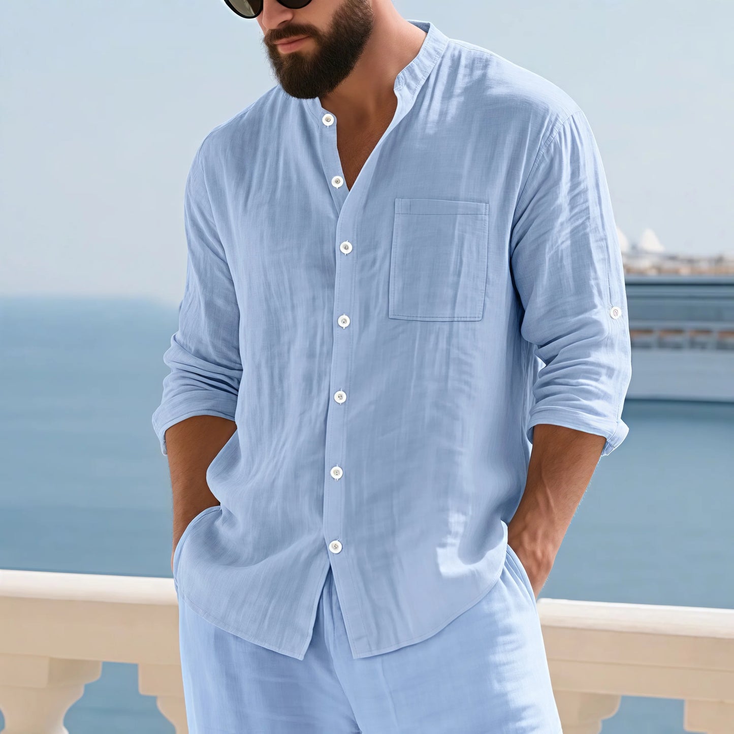 Men Linen Button Down Long Sleeve Mandarin Collar Casual Shirt